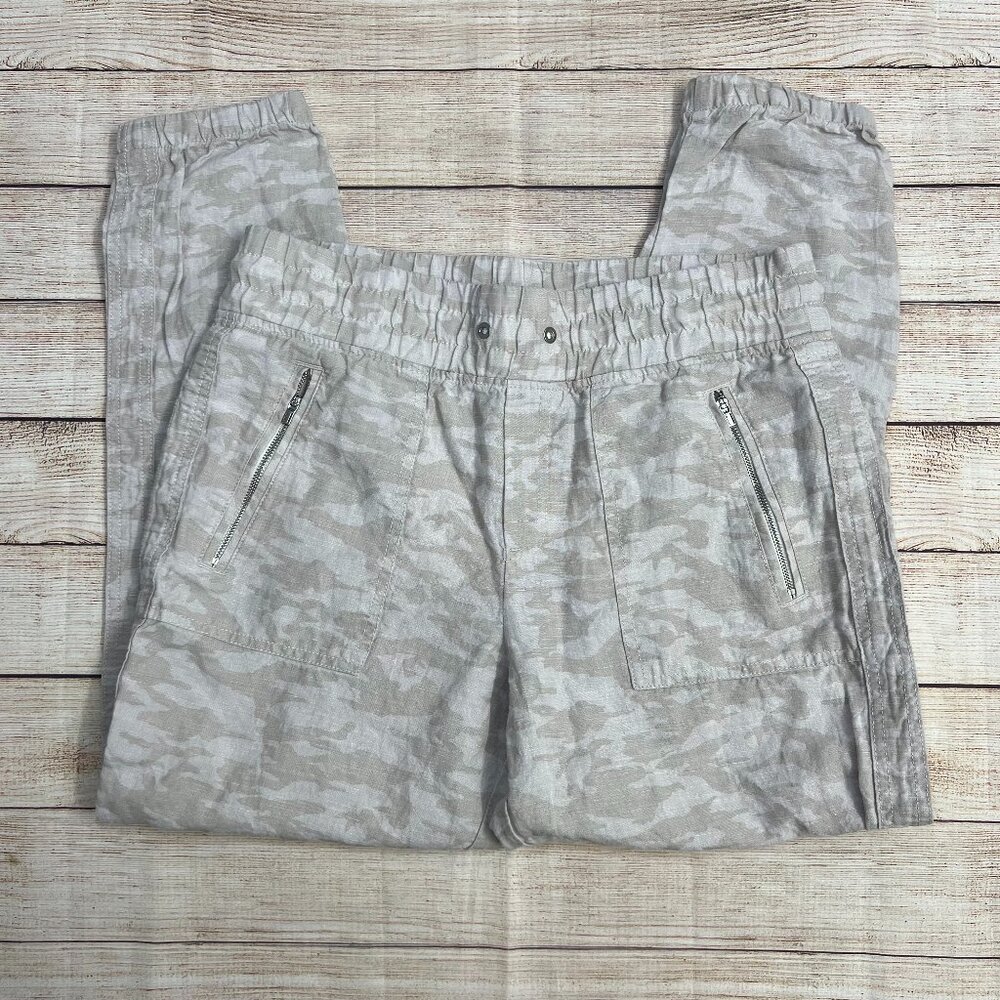 Athleta‎ Camo Tide Linen Joggers Pants Gray Size 8 Zipper Pockets